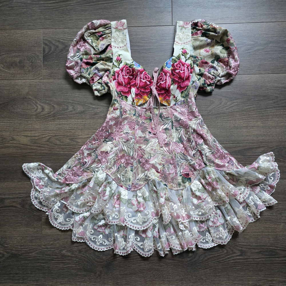 Floral Embroidered Puff-Sleeve Mini Dress in Pink and Cream